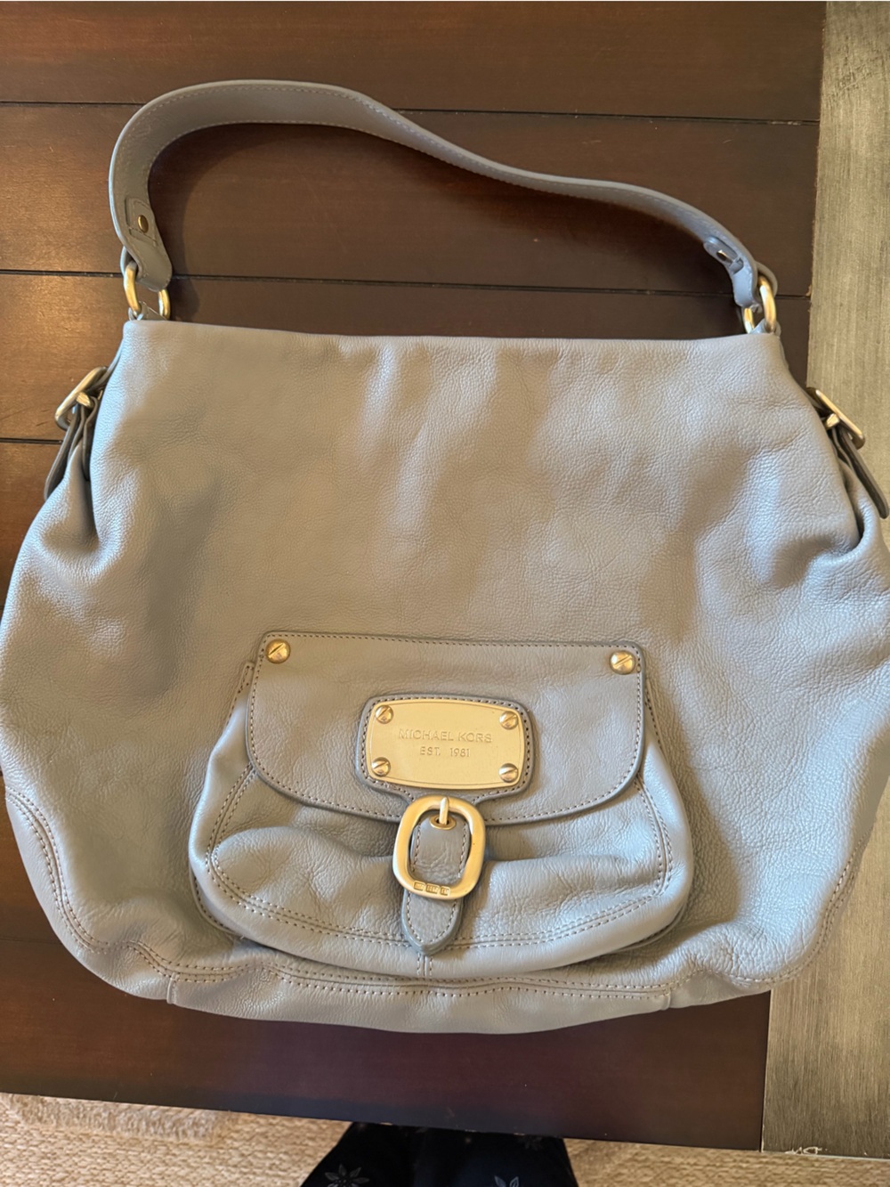 Michael Kors Light Gray Leather Shoulder Hobo with Gold Hardware
